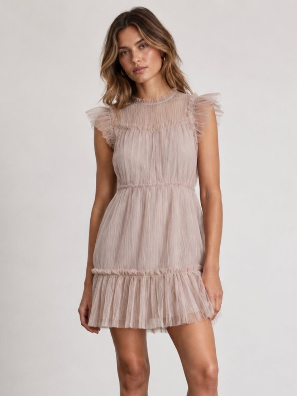 ALL SAINTS Perri Tulle Mini Dress Metallic Nude Pink Pleated Sizez 12 NWT
